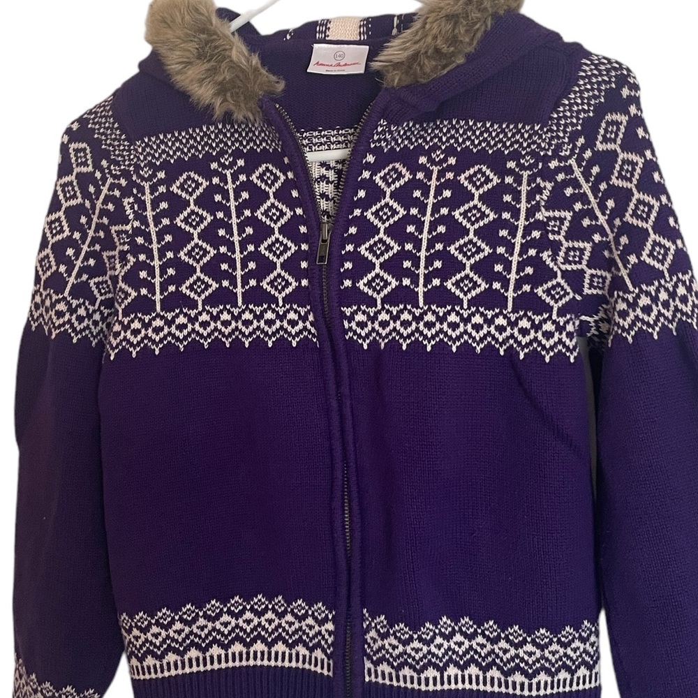Hanna Andersson Fair Isle Sweater 10 Zip Cardigan Purple White Nordic Hoodie.
